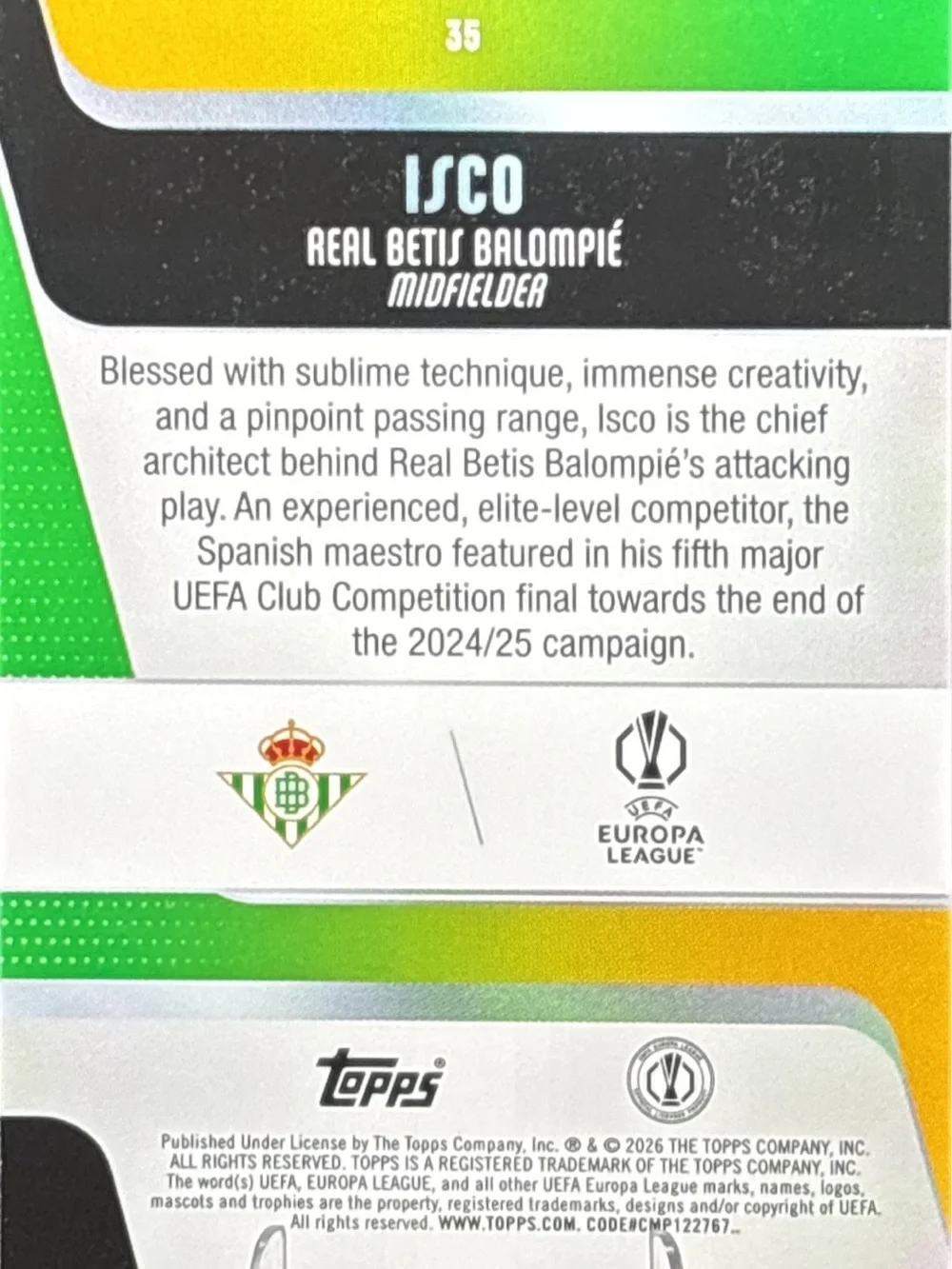 Topps Green Refractor Real Betis Soccer Trading Card - Isco